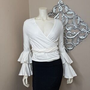 Vintage TAPEMEASURE‎ Wrap Top Ruffle Sleeves Womens Large Rare Stretchy Gorgeous